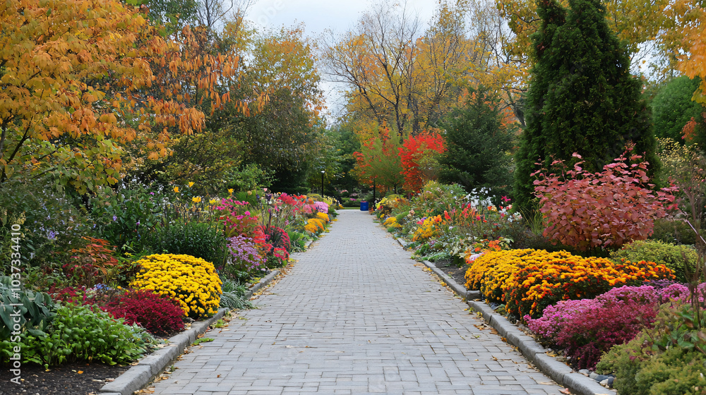 Naklejka premium A picturesque pathway lined with colorful flowering shrubs, inviting visitors to explore the garden further.