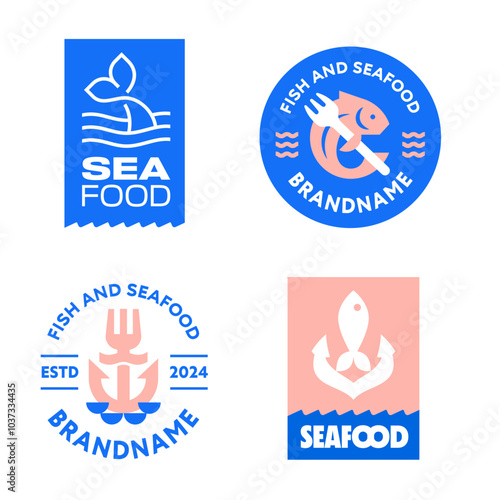 Collection of seafood inspired logo badges for a restaurant, fish packaging, or sea food company. Clean and simple fish icons and symbols. Fish business graphic mark ideas. photo