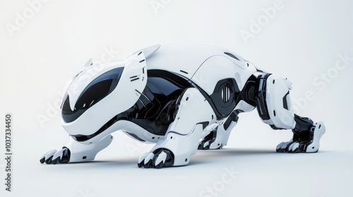 Robot cat featuring sleek, futuristic designs and smart AI capabilities, isolated on a white background.