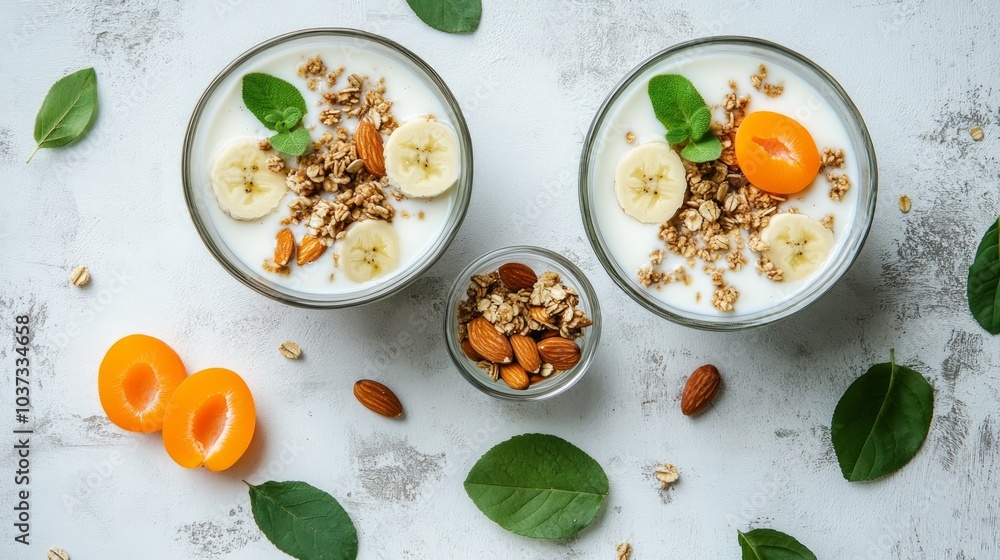 Two glass bowls of yogurt with granola, banana slices, apricot halves, and almonds on a white background. Two glass bowls of yogurt with granola, banana slices, apricot halves, and almonds on a white background.