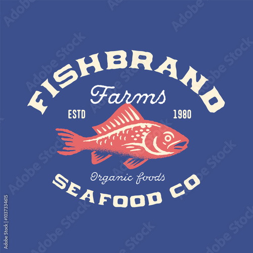 Vintage logo badge design for a seafood restaurant, fishing company or fish packaging. Retro hand drawn illustration of a beautiful fish. 