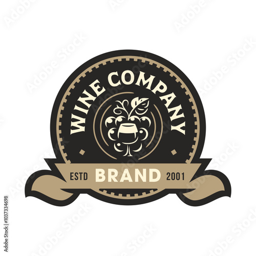 WIne company logo badge design. Glass grapes vine leaf illustration and icons. Simple emblem with replaceable text.