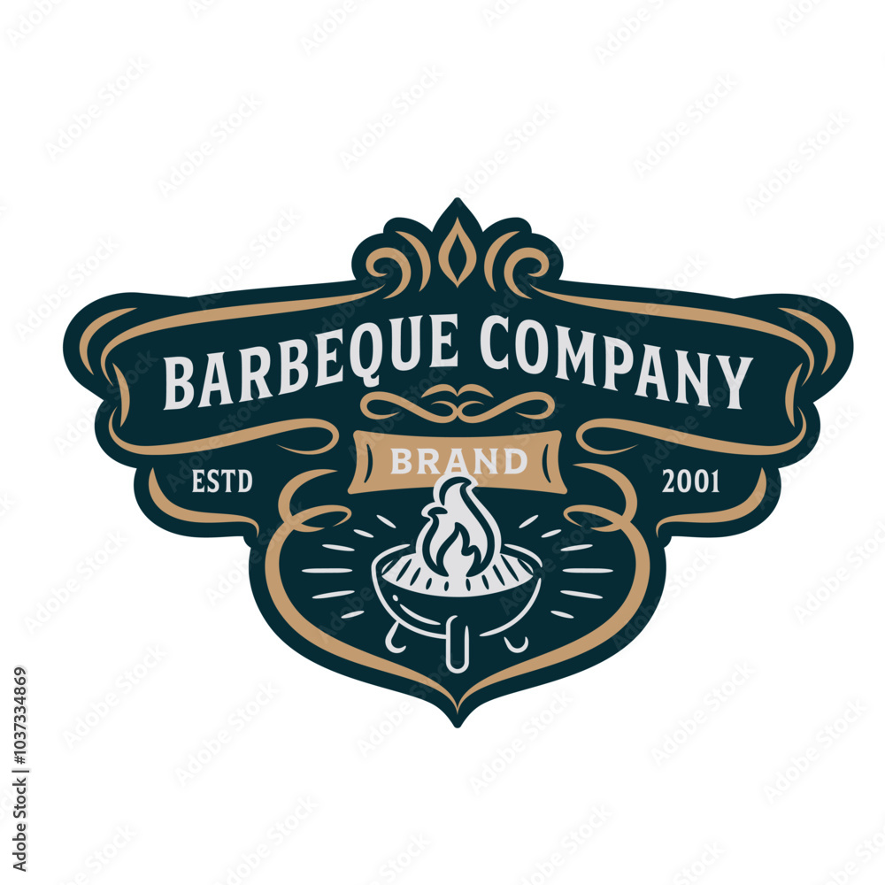 Naklejka premium Barbecue company logo badge design. Grill barbecue icon. BBQ illustration. Simple emblem with replaceable text.