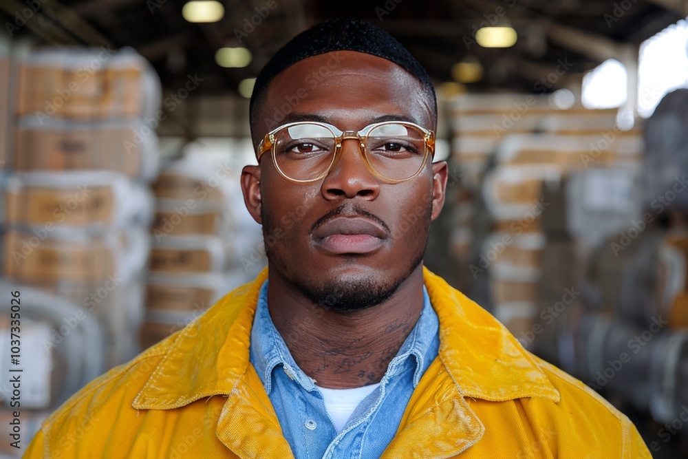 Fototapeta premium Confident young man wearing yellow jacket and glasses stands in a warehouse surrounded by boxes during the daytime
