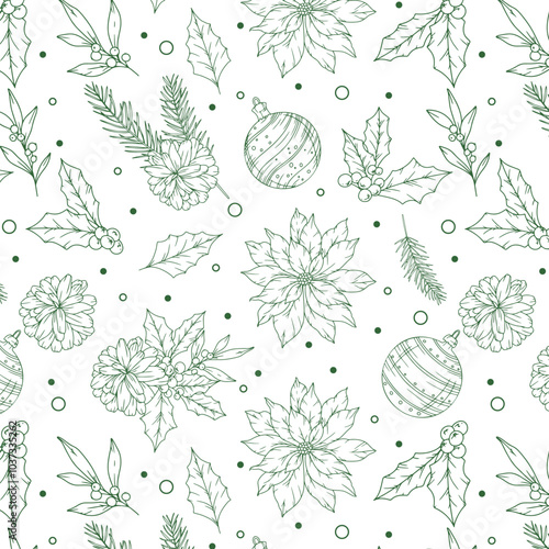 Hand Drawn Christmas Background. Christmas Seamless Pattern with Trendy Greenery. Christmas Line Art. Winter greenery seamless pattern. Christmas pattern for luxury wallpapers, textile,  cards, labels