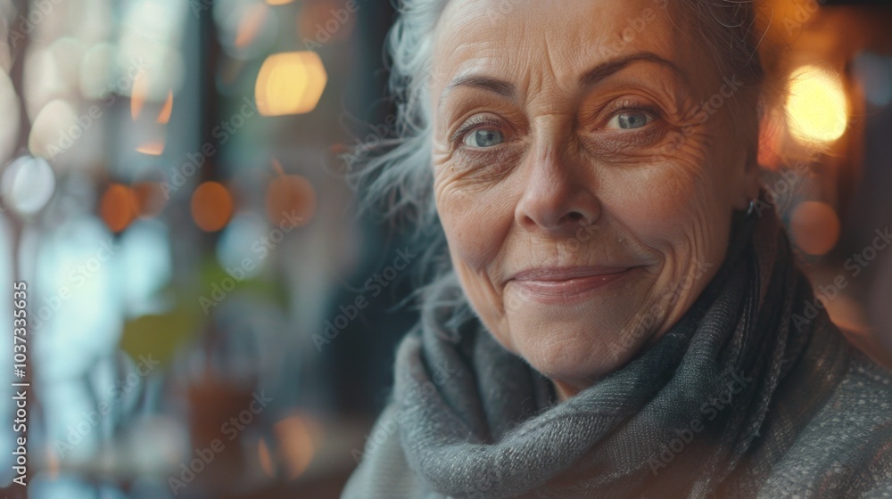 A woman with gray hair and a scarf around her neck is smiling A woman with gray hair and a scarf around her neck is smiling