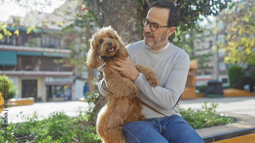 A middle-aged hispanic man enjoys outdoor time in an urban park with his fluffy poodle, against a city backdrop. A middle-aged hispanic man enjoys outdoor time in an urban park with his fluffy poodle, against a city backdrop.