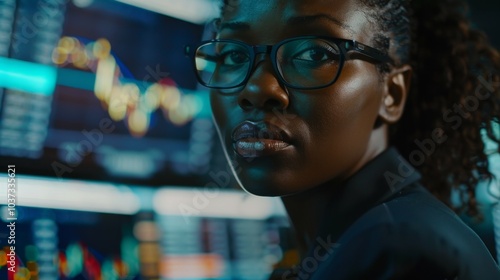 A woman wearing glasses is looking at a computer screen with a lot of numbers