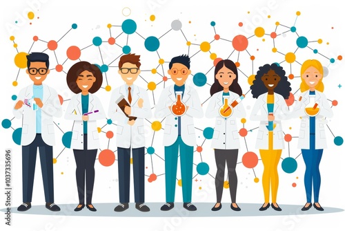 Wallpaper Mural A diverse group of scientists in lab coats holding beakers and flasks with colorful liquids in a modern laboratory setting Torontodigital.ca