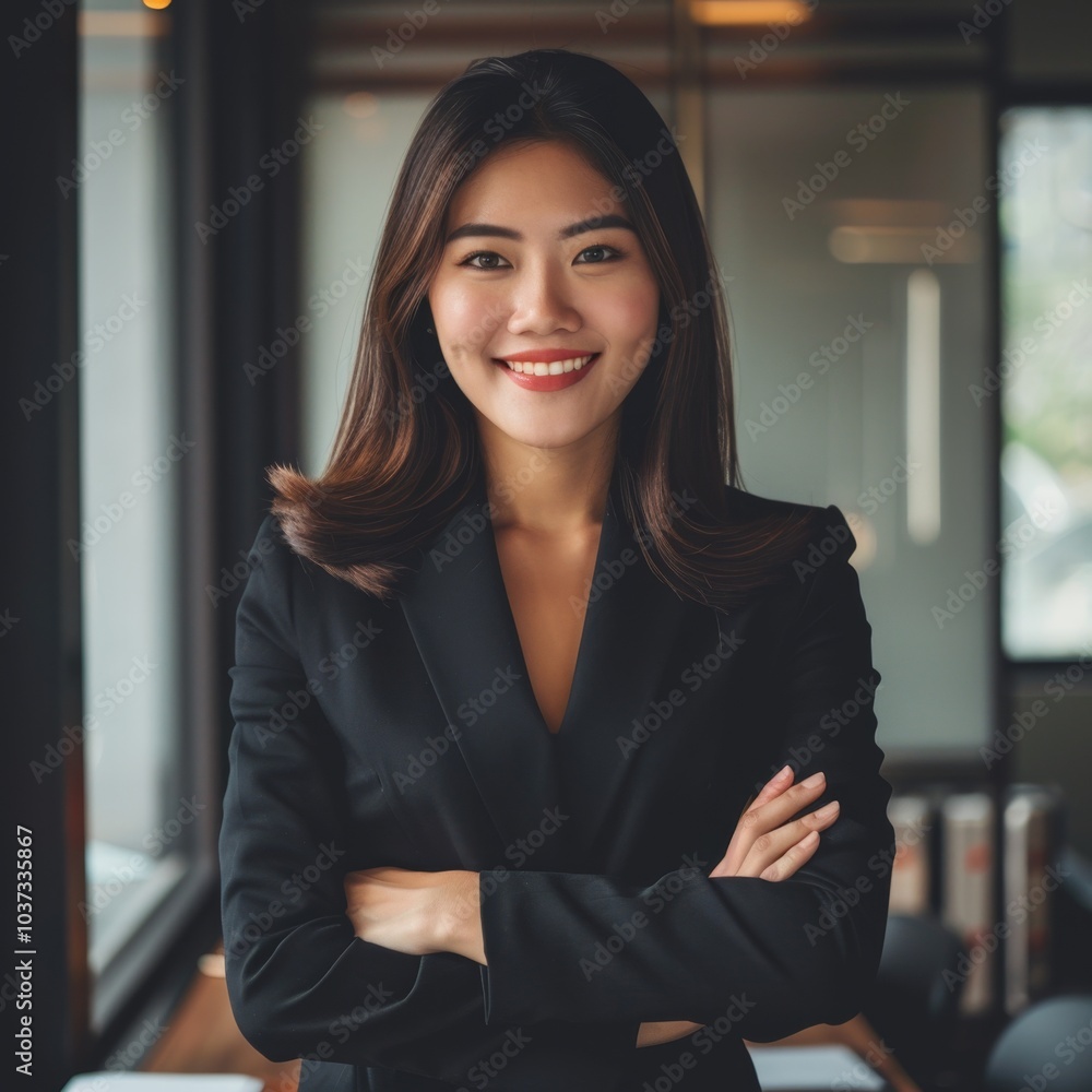 A woman in a black business suit is smiling and looking at the camera A woman in a black business suit is smiling and looking at the camera