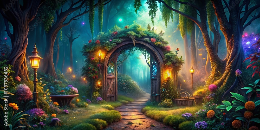 Mystical Gateway to Enchanted Forest - Magical World 3D Illustration for Fantasy Landscapes and Adventure Themes Mystical Gateway to Enchanted Forest - Magical World 3D Illustration for Fantasy Landscapes and Adventure Themes