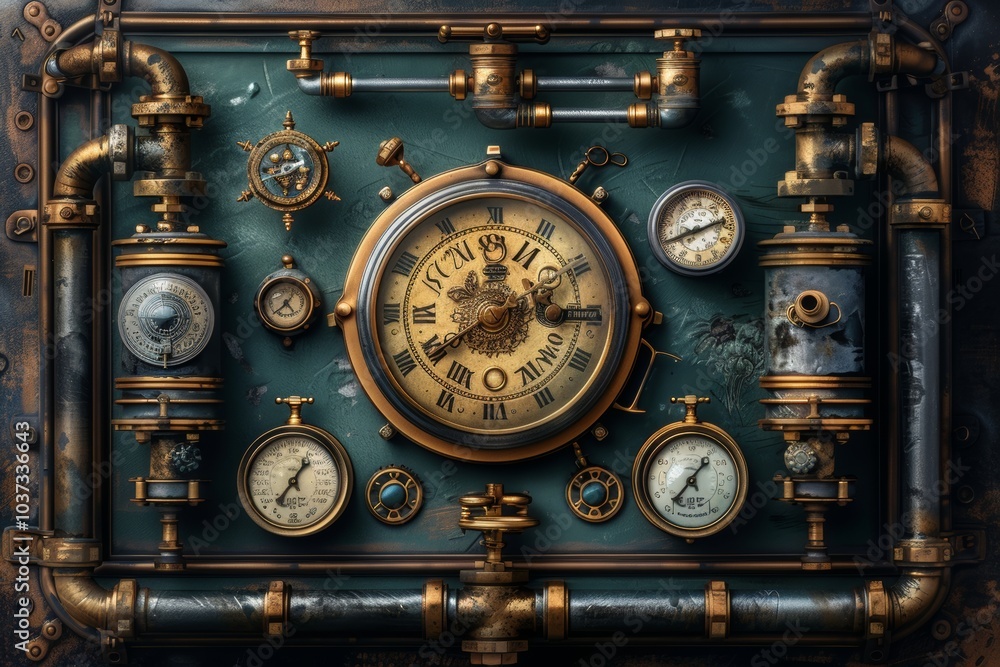 Steampunk-inspired clock with intricate gears and gauges displayed against a textured green background Steampunk-inspired clock with intricate gears and gauges displayed against a textured green background