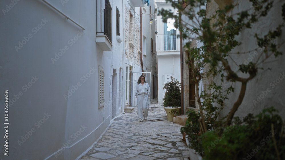 Fototapeta premium A young hispanic woman in stylish white attire walks through a charming narrow street in polignano a mare, puglia, italy, surrounded by white-washed walls and lush greenery.