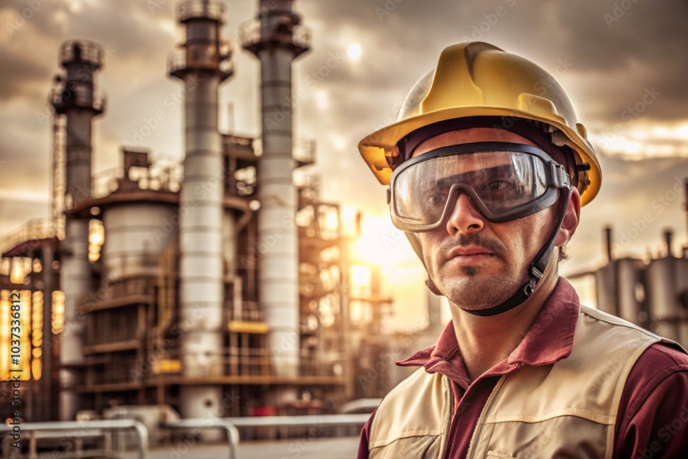 Obraz premium Worker in Protective Standing at Oil Refinery generative ai