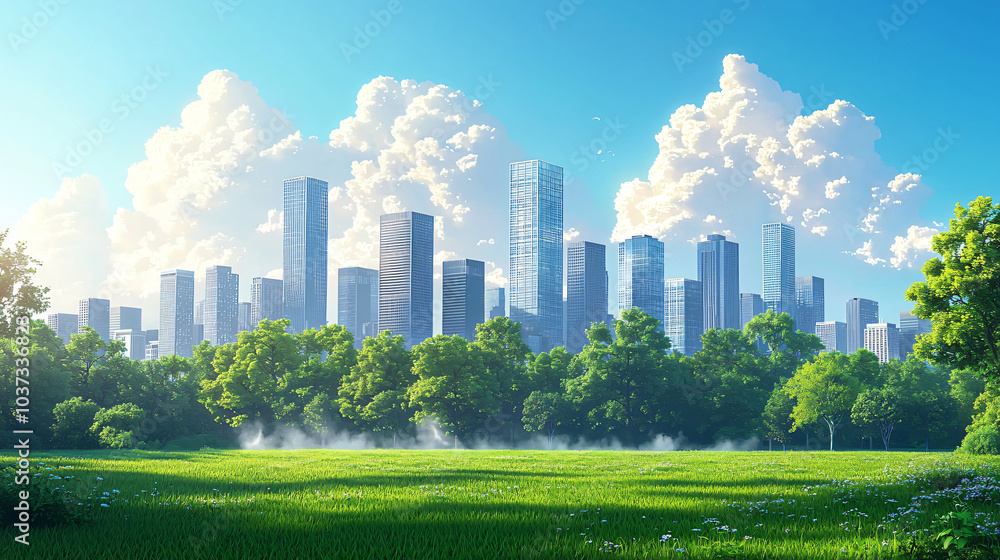 Obraz premium City Skyline Overlooking a Lush Green Park with Tall Skyscrapers