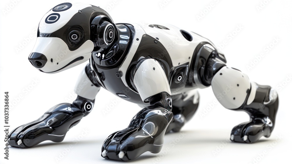 Robotic dog featuring sleek, advanced designs and lifelike movements, isolated on a white backdrop. Robotic dog featuring sleek, advanced designs and lifelike movements, isolated on a white backdrop.