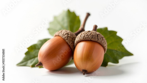 Beautiful large acorns with leaves in close-up on a white background.