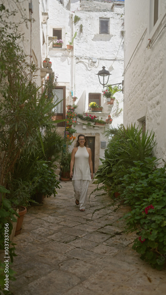 Fototapeta premium A young hispanic woman walks through the picturesque white streets of the charming old town in locorotondo, puglia, italy, surrounded by lush greenery and historical buildings.