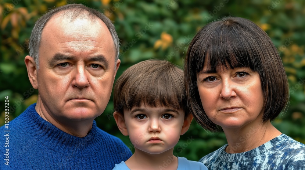 Fototapeta premium Serious family portrait of grandparents and a young boy outdoors