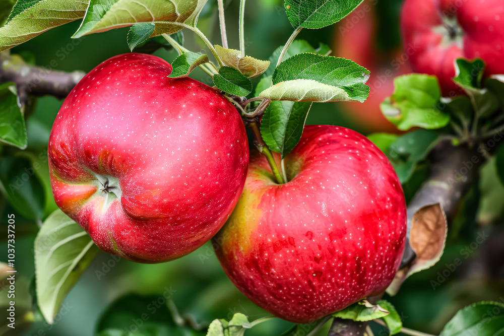 Bunch of red apples hanging from a tree. The apples are shiny and ripe. Concept of abundance and freshness Bunch of red apples hanging from a tree. The apples are shiny and ripe. Concept of abundance and freshness