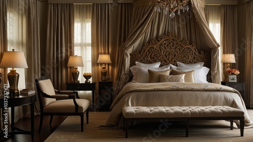 Luxurious bedroom with a canopy bed, two armchairs, and a bench at the foot of the bed.