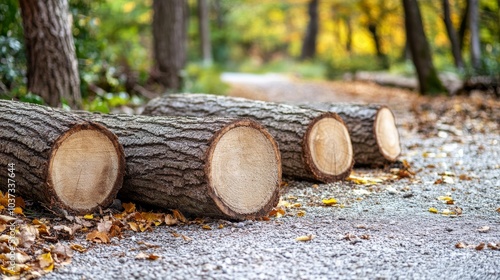 Trunks lie across a path in a serene forest surrounded by vibrant autumn foliage