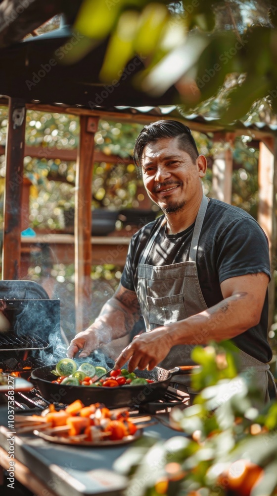 A man is cooking food on a grill and smiling