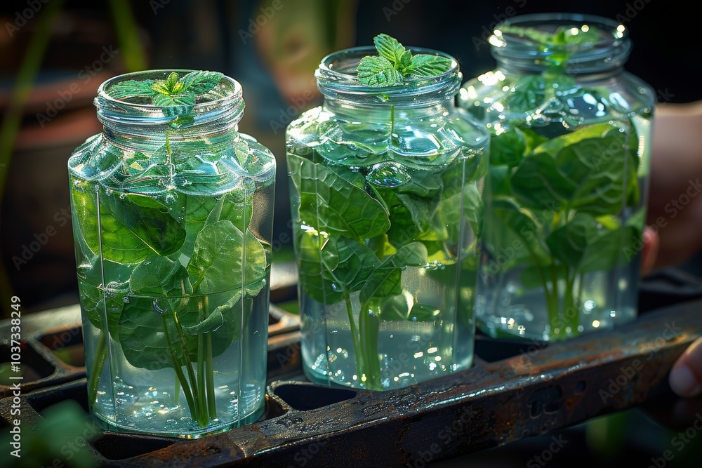 Fresh herbs growing in glass jars filled with water at a garden during a sunny afternoon Fresh herbs growing in glass jars filled with water at a garden during a sunny afternoon