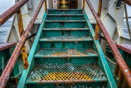 Water splashes on metal stairs of a fishing vessel during rough seas in a coastal area photo