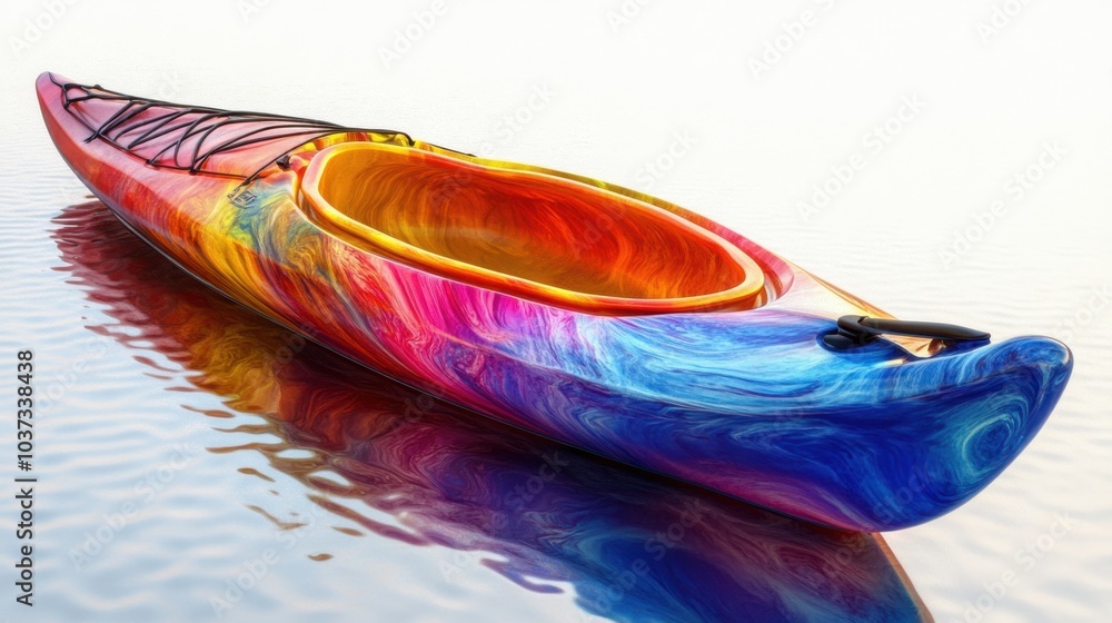 A vibrant, artistic kayak floats serenely on tranquil waters during the golden hour of sunset A vibrant, artistic kayak floats serenely on tranquil waters during the golden hour of sunset