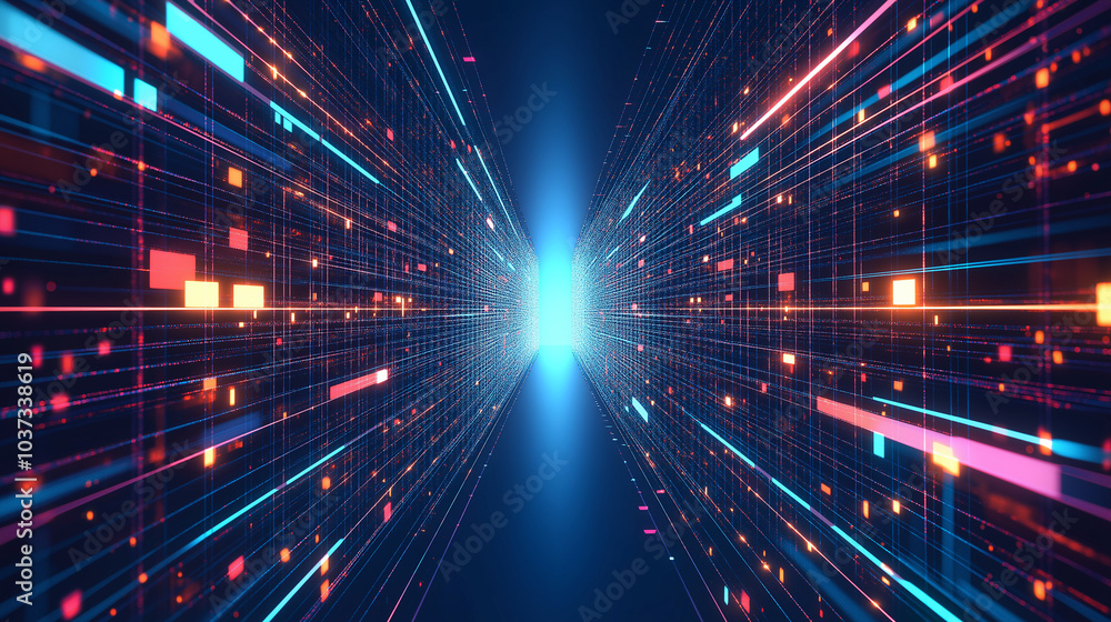Obraz premium A blue grid with glowing lines on a dark background, a futuristic digital landscape background, Ai