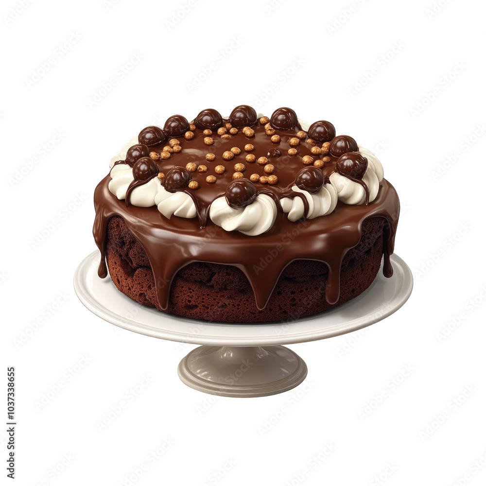 Delicious Chocolate Cake with Whipped Cream and Chocolate Balls on White Cake Stand Delicious Chocolate Cake with Whipped Cream and Chocolate Balls on White Cake Stand