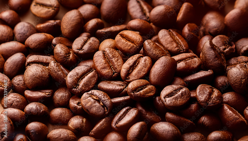 Naklejka premium A detailed close-up image of freshly roasted coffee beans, showcasing their rich texture and deep brown color. Perfect for illustrating coffee culture, warmth, and morning rituals, background