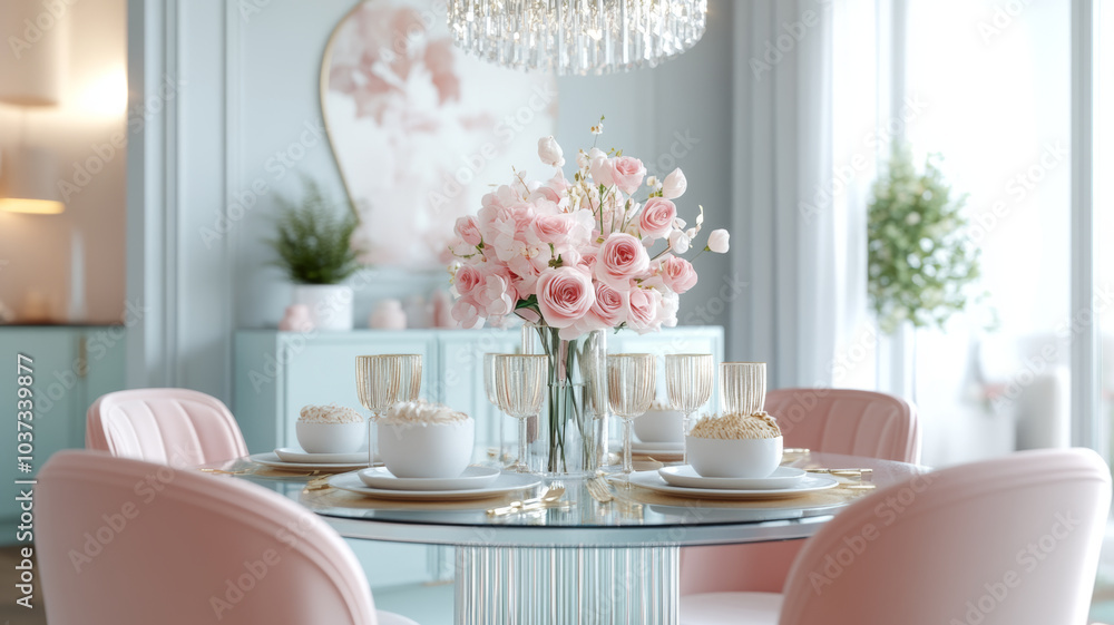 A beautifully arranged dining table featuring elegant pink roses in vase, surrounded by stylish pink chairs. soft color palette and modern decor create serene and inviting atmosphere A beautifully arranged dining table featuring elegant pink roses in vase, surrounded by stylish pink chairs. soft color palette and modern decor create serene and inviting atmosphere