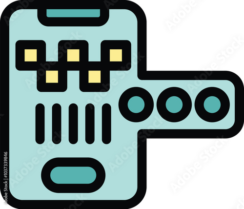 Minimalist vector illustration of a smartphone with a taxi app open, showing the map, the taximeter running and some buttons