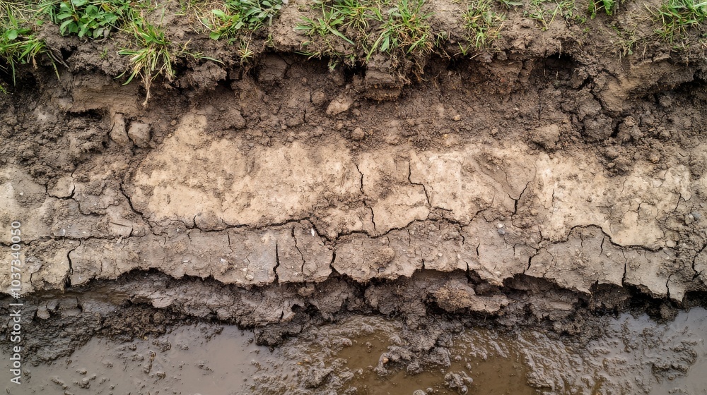 Erosion reveals cracked earth and exposed layers along the dried riverbanks edge Erosion reveals cracked earth and exposed layers along the dried riverbanks edge