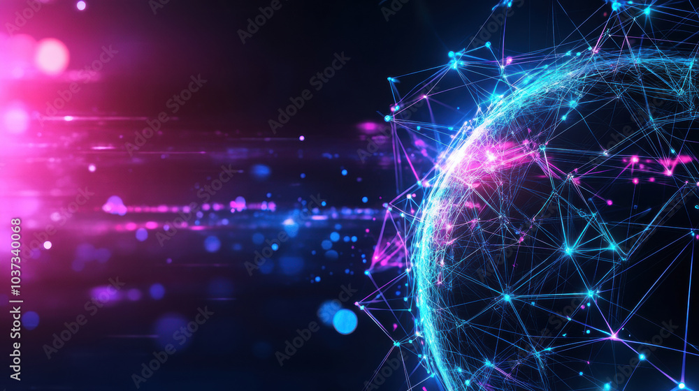 Fototapeta premium Spherical 3D grid with interconnected points and lines, showcasing vibrant colors