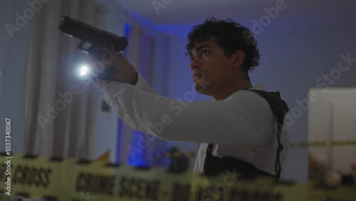 Hispanic man investigating a crime scene with gun and flashlight in a dim indoor apartment. photo