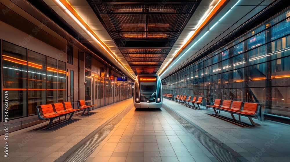 A modern train entering a deserted urban station, with benches lined up under soft lighting, giving a calm and quiet mood. A modern train entering a deserted urban station, with benches lined up under soft lighting, giving a calm and quiet mood.