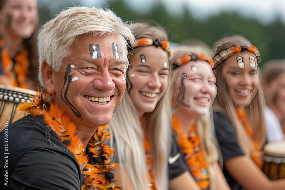Enthusiastic participants celebrate a cultural event, adorned with face paint and accessories, during an outdoor gathering in summer Enthusiastic participants celebrate a cultural event, adorned with face paint and accessories, during an outdoor gathering in summer