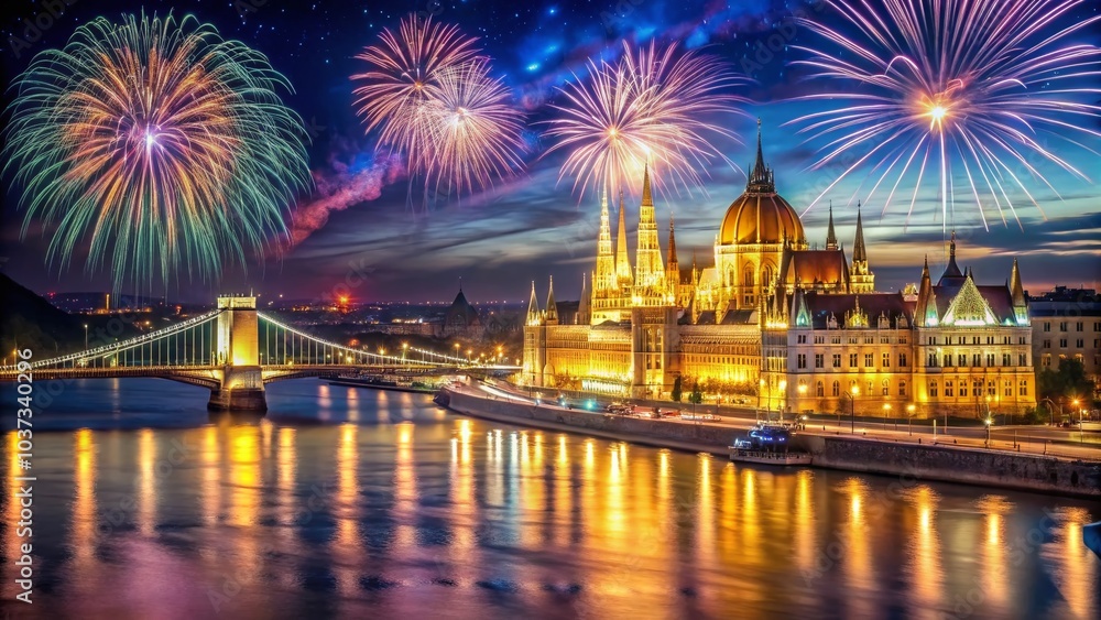 Naklejka premium New Year's Eve Fireworks Over Budapest's Danube River - Panoramic View for Celebration and Festivity