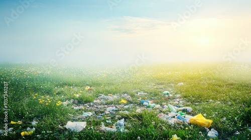 Trash disrupts a once pristine meadow showcasing the impact of human negligence on nature photo