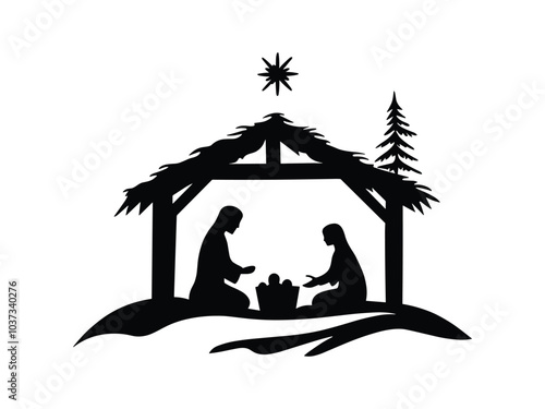 Nativity Scene Silhouette | Elegant Christmas Design with Palm Trees and Manger