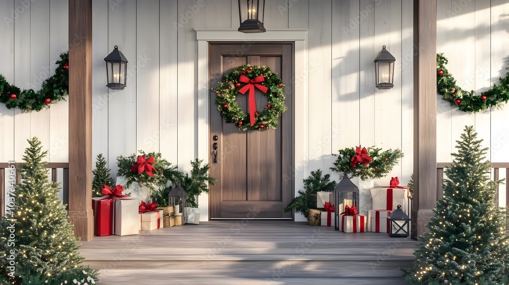 Naklejka premium Christmas Decorated Front Porch with Gifts, Wreaths, and Lanterns