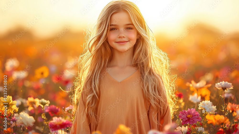 girl stands amidst sea of colorful blooms, radiating joy and warmth