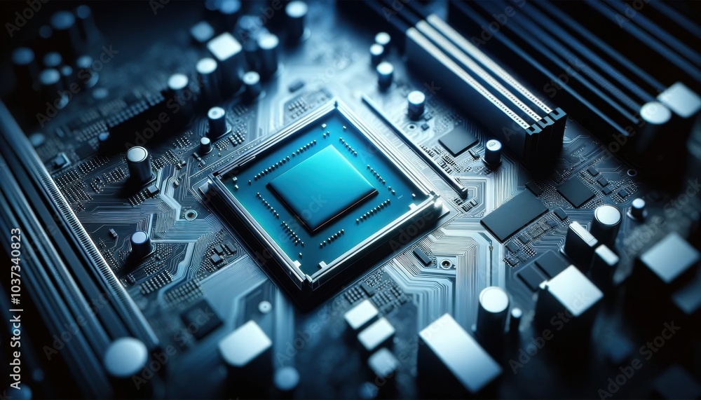 Computer processor, close-up view with blue lighting - digital illustration Computer processor, close-up view with blue lighting - digital illustration
