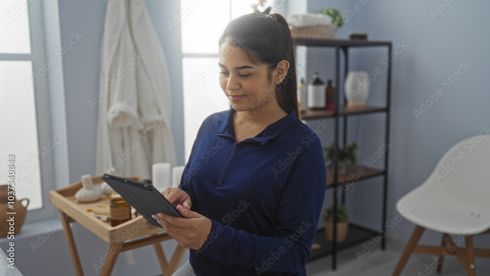 Woman in a blue shirt using a tablet in a wellness spa room with shelves and decor in the background Woman in a blue shirt using a tablet in a wellness spa room with shelves and decor in the background