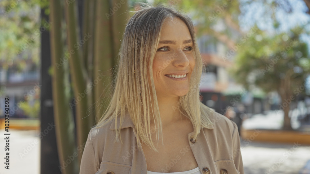 Attractive young blonde woman smiling outdoors on a sunny day, with a tree and urban background. Attractive young blonde woman smiling outdoors on a sunny day, with a tree and urban background.