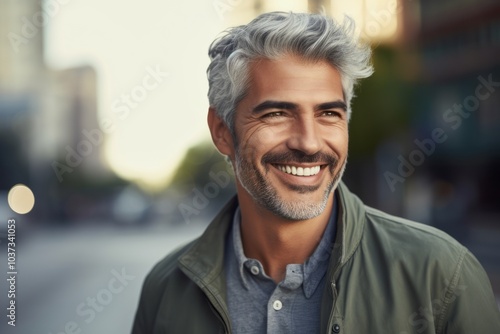 Portrait of handsome middle-aged man with grey hair in the city