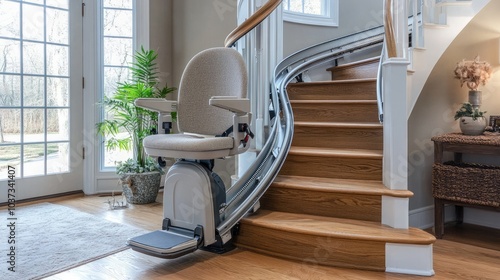 A stair lift on a modern spiral staircase, showcasing its versatility in different home designs.
